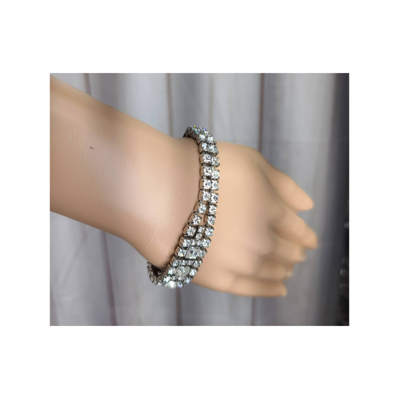 Vintage Garne Jewelry Silver Tone 2/3 Row Rhinestone Bracelet Emerald/Round 7.5 - Picture 5 of 7